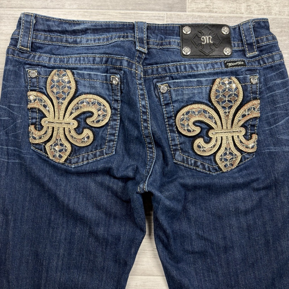Miss Me Boot Cut Mid Rise Women's 32 Embellished Jeweled Pockets Denim Blue Jean